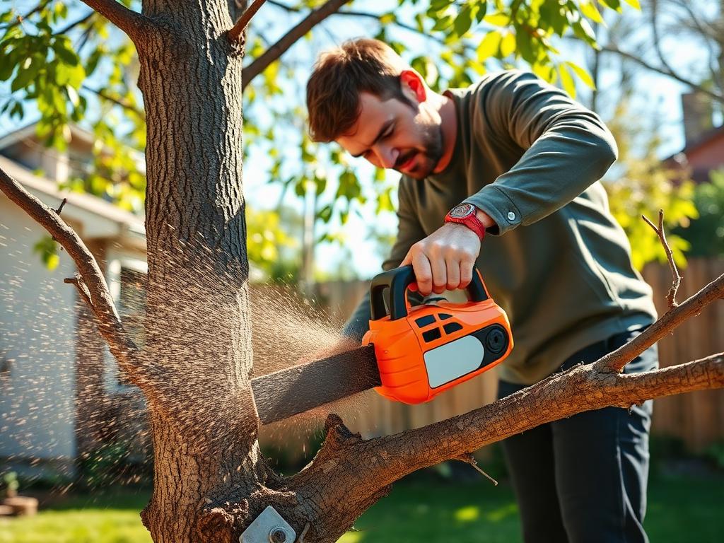 Man cutting a tree branch with SawShark mini chainsaw